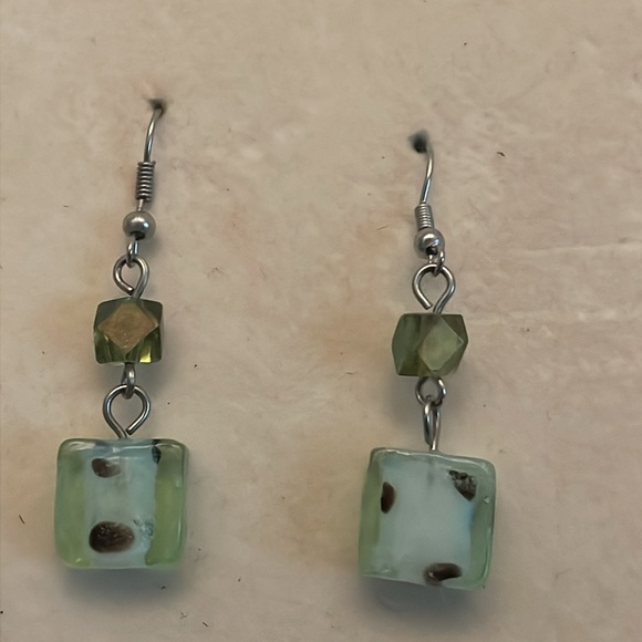 2” silver tone dangle drop earrings with teal green resin dice dangles on wires - Picture 2 of 12